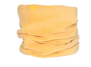 Close-up detail of the yellow fleece neck warmer showing soft texture and snap button.