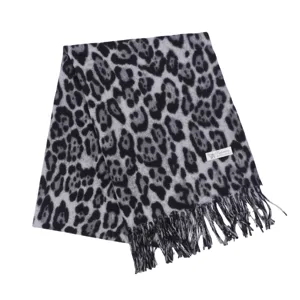 Grey leopard print scarf detail, soft cashmere feel fabric, elegant tassel edge design.
