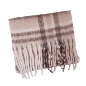 Winter warm plaid mohair scarf for women, classic oversized cozy tassel winter blanket shawl.