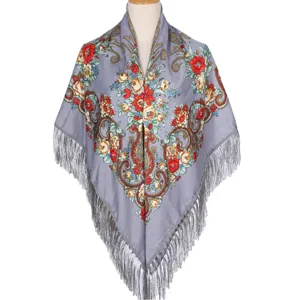 Traditional Russian floral printed shawl scarf with fringe retro ethnic square scarf for women