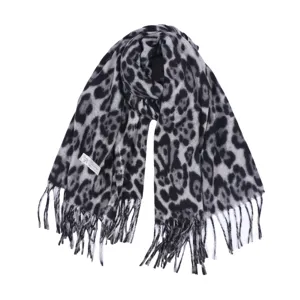 Grey and black leopard print cashmere feel winter scarf with elegant tassel hem details.