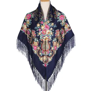 Traditional Russian floral print square scarf with fringe, vintage ethnic style shawl for women.