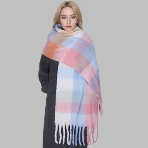 Cozy colorful plaid winter scarf with fringe details, thick mohair fabric for women cold weather.