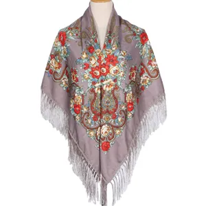 Detailed view of retro ethnic style Russian floral square shawl with delicate fringe edge.