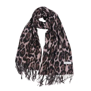 Detailed view of women autumn winter classic leopard print imitation cashmere tassel scarf.