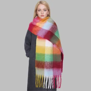 Detailed view of colorful plaid mohair scarf with fringes, cozy winter accessory texture.