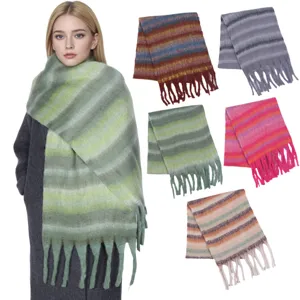 Women Winter Warm Long Fringe Striped Scarf Retro Thickened Soft Polyester Neck Warmer Fashion Casual Shawl Wrap