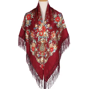 Russian traditional floral print square shawl scarf with fringe for women retro ethnic style.