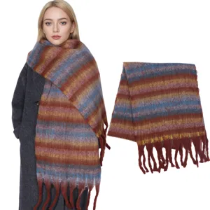 Winter warm long striped tassel scarf for women, cozy brushed texture soft neck warmer fashion.