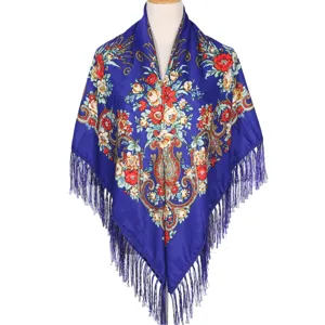 Close-up detail of the vintage Russian style floral printed shawl scarf with delicate fringes.