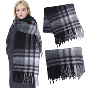 Winter warm loop yarn mohair plaid scarf for women thick large shawl blanket wrap.