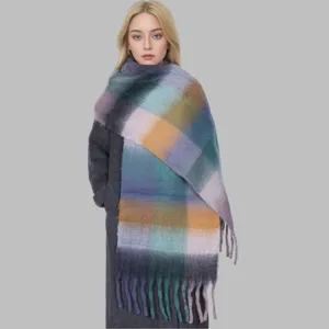 Chic women's colorful plaid mohair scarf with fringe, stylish winter warm knitted shawl.