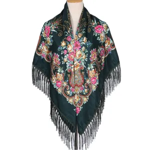 Traditional Russian style floral printed square scarf shawl with elegant fringe details for women.