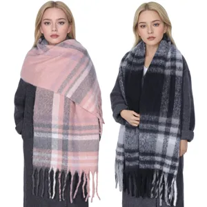 Women winter thick warm plaid tassel scarf cozy oversized blanket shawl soft fashion winter wear