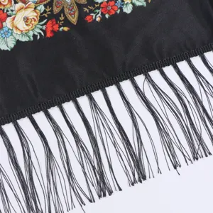 Traditional Russian floral fringe shawl black vintage scarf ethnic style neck wrap