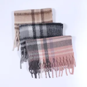 Winter cozy plaid tassel scarf for women, soft warm thick oversized wrap, chic fashion casual wear.
