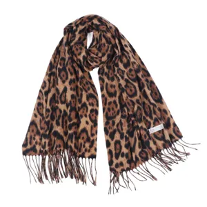 Classic leopard print winter scarf for women, thick cozy cashmere feel fringed shawl wrap.