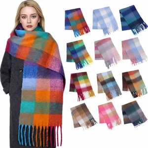 Donna Inverno Ispessito Misto Mohair Sciarpa A Quadri Lunga Nappa Caldo Scialle Moda Oversized Sciarpa Da Collo