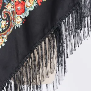 Traditional Russian floral printed shawl scarf detail, vintage ethnic fringe large square wrap