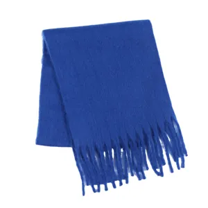 Gemütlicher blauer Mohair-Winterschal mit Fransen, dicker warmer einfarbiger Schal
