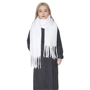 Damen dicke warme einfarbige Mohair Schal Winter Mode Fransen Schal weiss Pelzoptik
