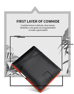 Vista detallada de cartera para hombre en piel de vacuno, exterior negro e interior naranja.
