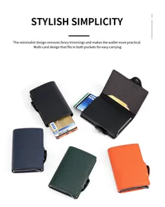 Minimalist PU leather automatic pop-up card wallet metal RFID blocking card holder wallet detail.