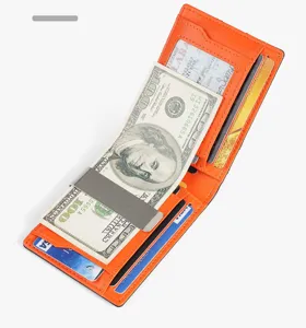 Cartera de cuero para hombre con clip para dinero, tarjetero delgado naranja elegante