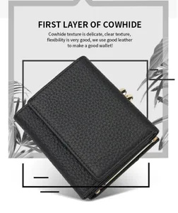 Classic black genuine leather trifold wallet for women with kiss lock and multiple card slots.