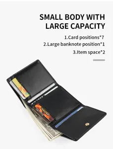 Compact black leather trifold wallet for women with multiple card slots and cash pocket.