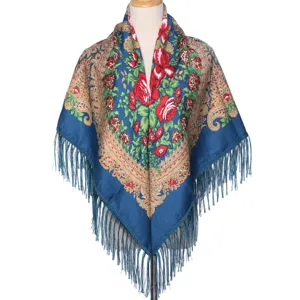 Detailed view of the vintage ethnic style blue fringe shawl with classic floral print design.