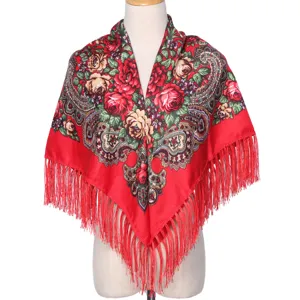 Echarpe carree a franges florales ethniques retro rouge chale foulard paisley