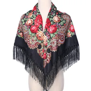 Châle rétro style ethnique imprimé floral frangé femmes vintage rose foulard carré chic