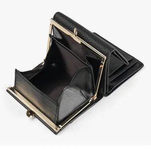 Genuine leather women's wallet with metal kiss lock frame and tri-fold card slots in black.