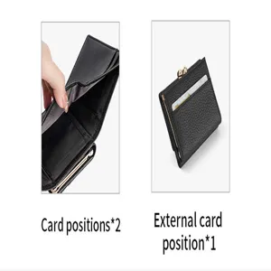 Detailed view of black leather trifold wallet showing interior and exterior card slots.