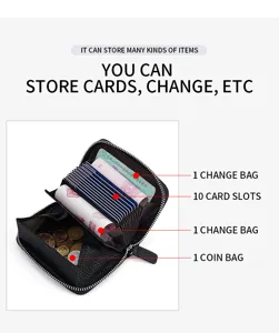 Black genuine leather zipper card holder wallet with multiple card slots and coin pocket.