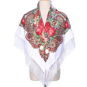 Châle à franges imprimé floral ethnique écharpe carrée vintage pour femmes détail