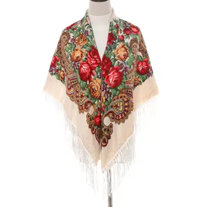 Scialle con frange floreali etnico, grande foulard quadrato con stampa stile russo.