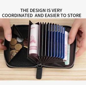 Genuine leather RFID blocking zipper accordion card wallet with multiple slots for daily use.