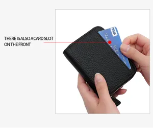 Black genuine leather zipper card wallet with front card slot, compact multi-functional coin purse.