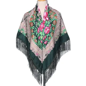 Dark green ethnic fringe shawl vintage floral scarf elegant women winter accessory wrap