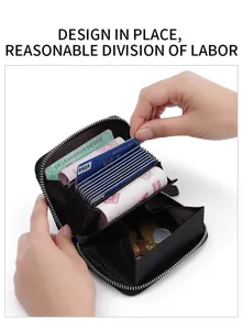Black leather accordion card holder with zipper coin pocket and multiple card slots.