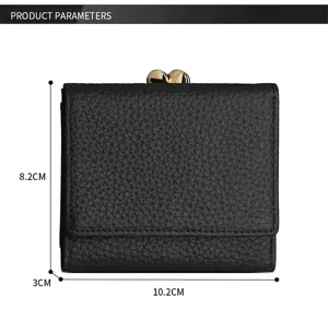 Black genuine leather trifold women wallet with metal kiss-lock clasp and card slots.