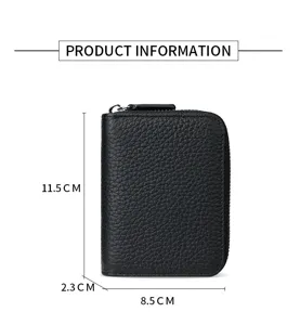 Detailed view of the black genuine leather zipper card wallet showing precise product dimensions.