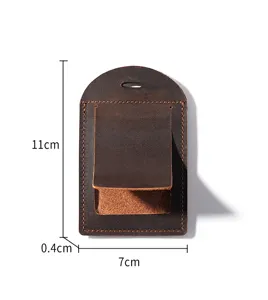 Vintage brown leather luggage tag detail view, durable crazy horse leather design with clear size.