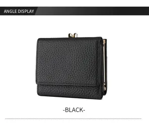 Black leather trifold women wallet with kiss-lock coin pocket and card slots for daily use.