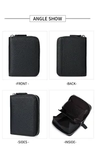 Genuine leather RFID blocking zipper card holder with accordion slots for daily use.