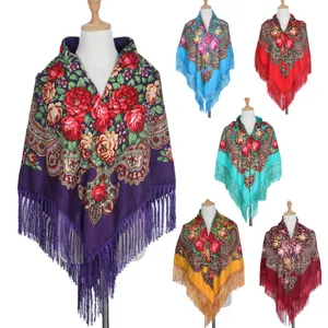 Scialle con frange floreali etniche, grande foulard stile russo e coprispalle qipao.