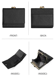 Genuine leather triple fold women wallet with kiss lock coin pocket black multi card slots