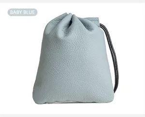 Echtleder Kordelzug Beutel, babyblaue Münztasche und kleiner Schmuck Aufbewahrungsbeutel Detail.